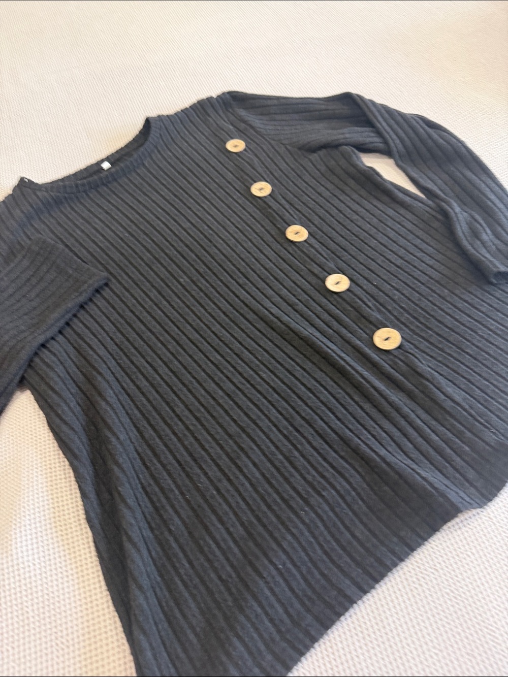 Kids Ribbed Long Sleeve Top with Decorative Buttons - Charcoal